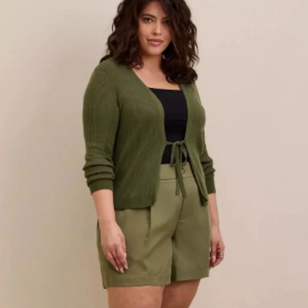 TORRID Cardigan Tie-Front Ribbed Sweater in Olivine - Size  1 (14/16)